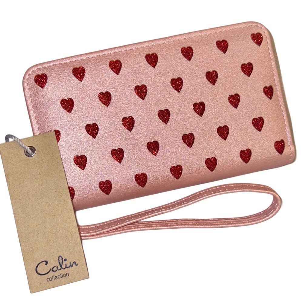 Calin Collection Metallic Pink & Red Glitter Heart Print Vegan Wallet & Wristlet
